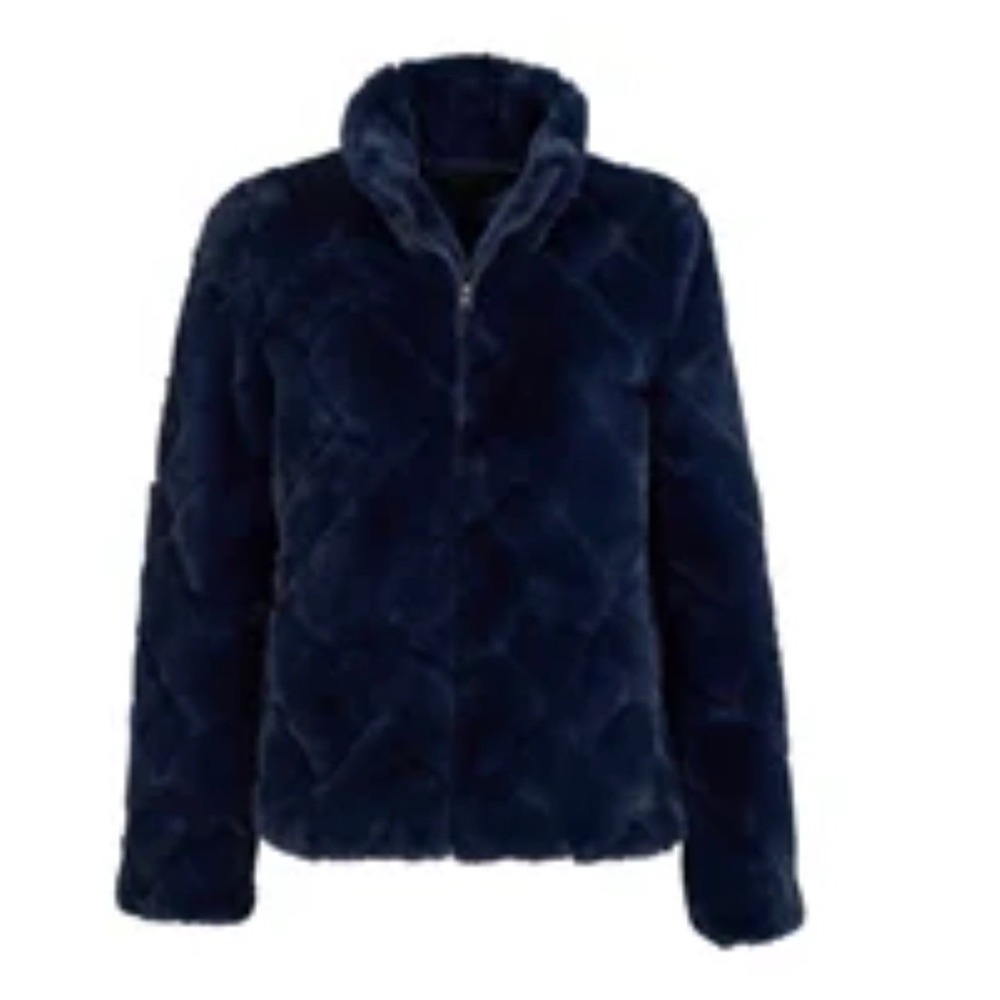 Donna Salyers Fabulous Furs Navy Blue Faux Fur Zip Jacket Size Large